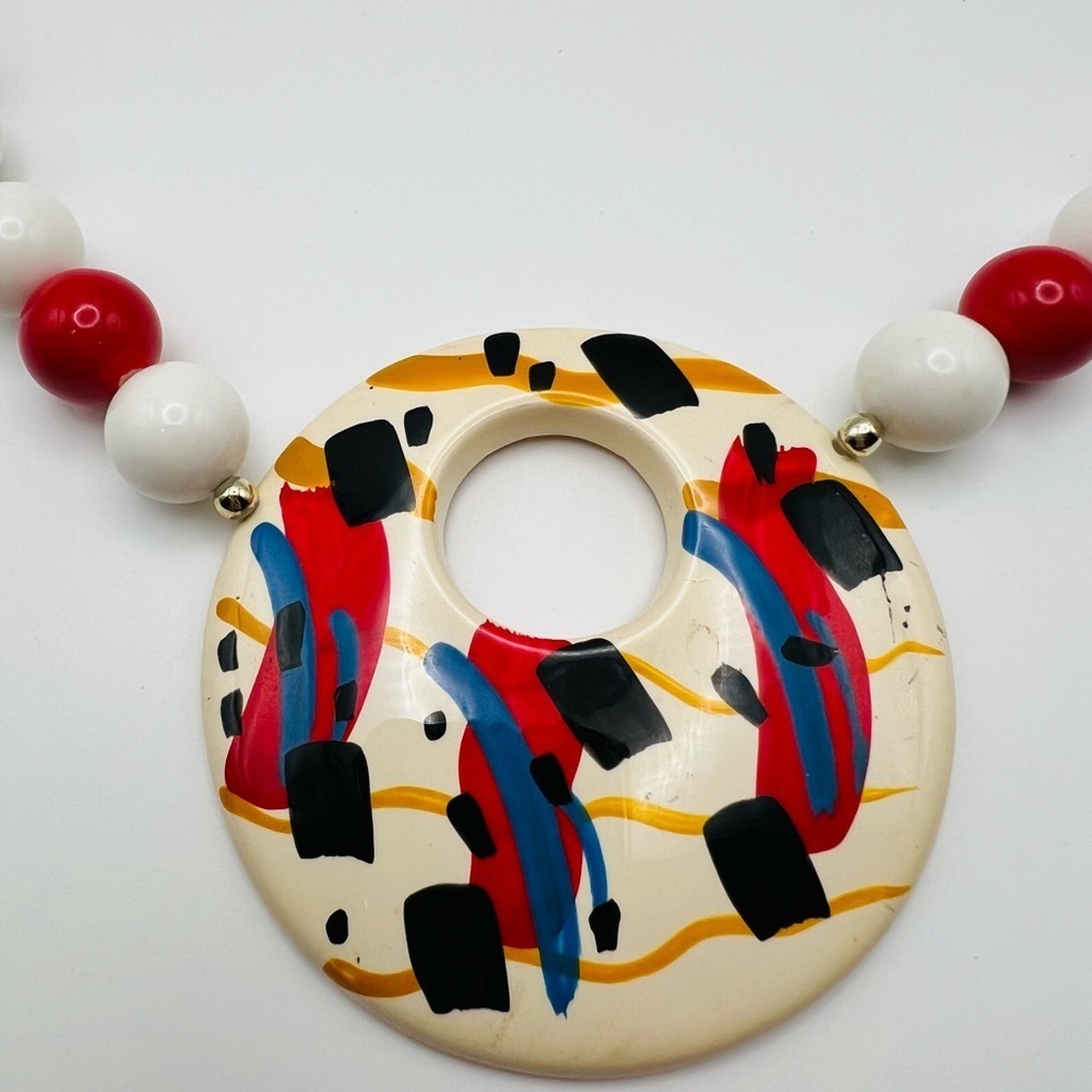 Vintage Abstract Statement Necklace Red White Beads Large Pendant - Picture 2 of 3